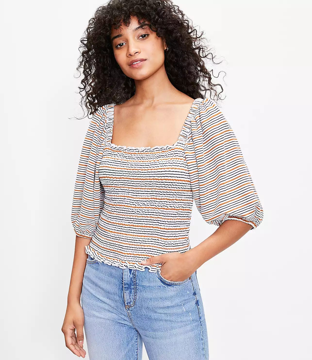 Striped Smocked Drape Sleeve Top | LOFT