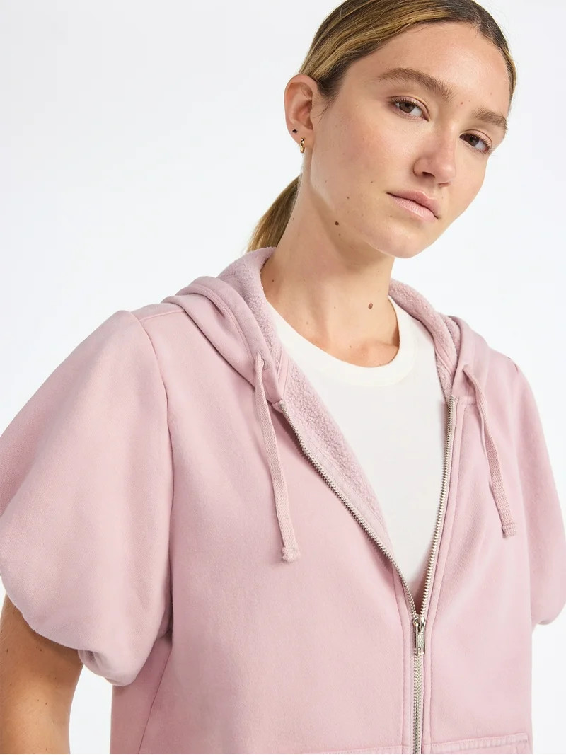 Scoop Women’s Mineral Washed Zip Hoodie with Short Puff Sleeves, Sizes XS-XXL | Walmart (US)