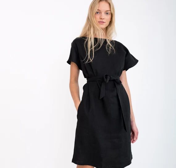 PENELOPE Linen Dress With Belt / Elegant Short Sleeve Midi | Etsy | Etsy (US)