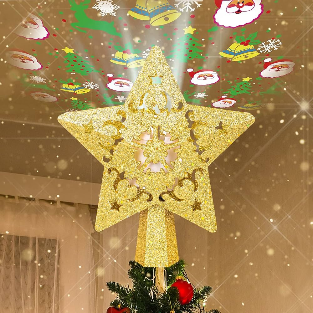 Christmas Tree Topper - Star Christmas Tree Topper Lighted with 3D Rotating Santa - LED Hollow Gl... | Amazon (US)