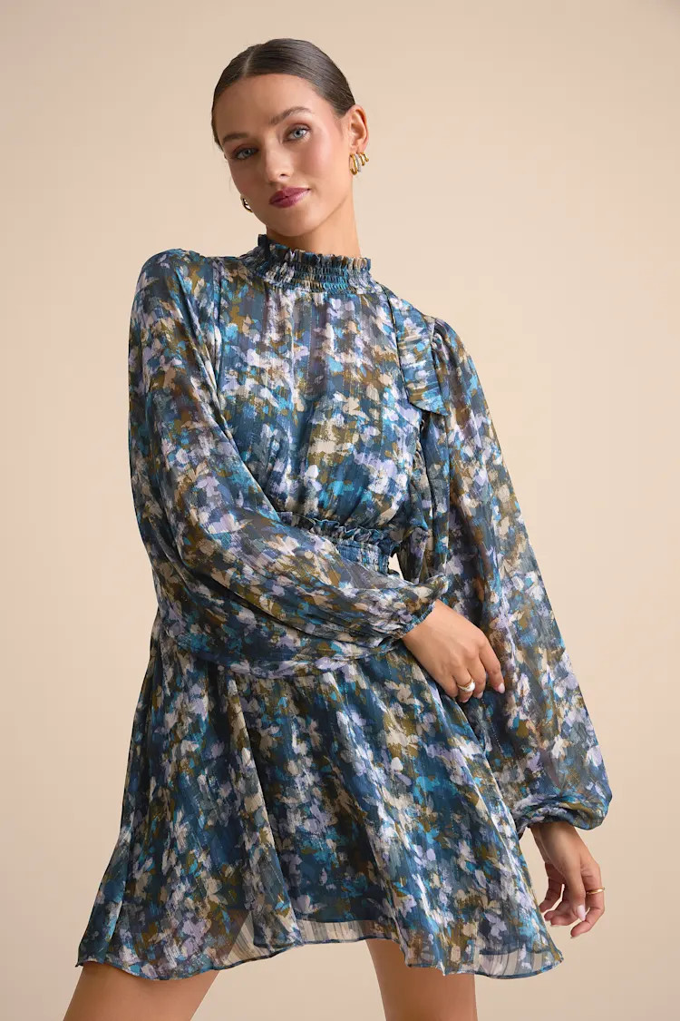 Andie Blue Multi Abstract Floral Mock Neck Mini Dress | Lulus