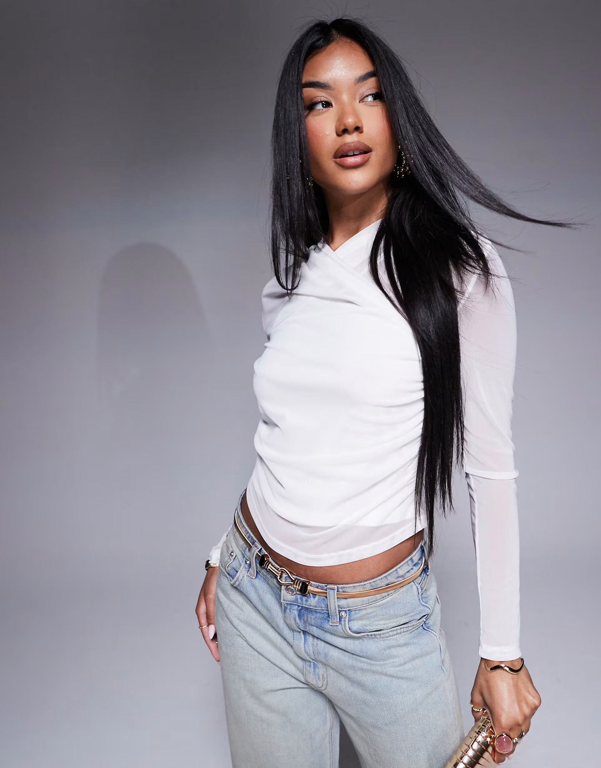 ASOS DESIGN mesh wrap long sleeve top in cream | ASOS (Global)