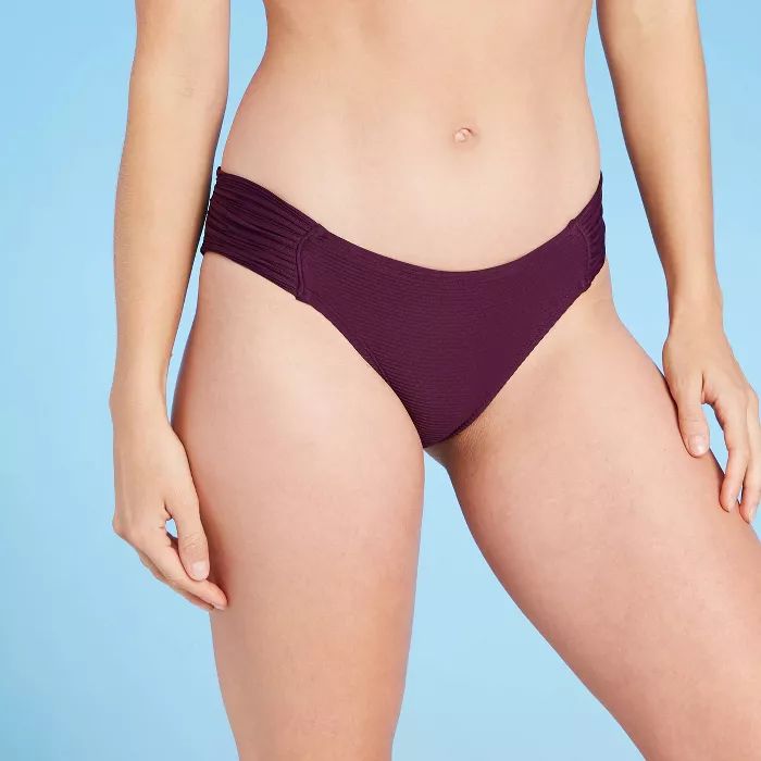 Women's Soft Ribbed Shirred Tab Modern Coverage Hipster Bikini Bottom - Kona Sol™ Burgundy | Target