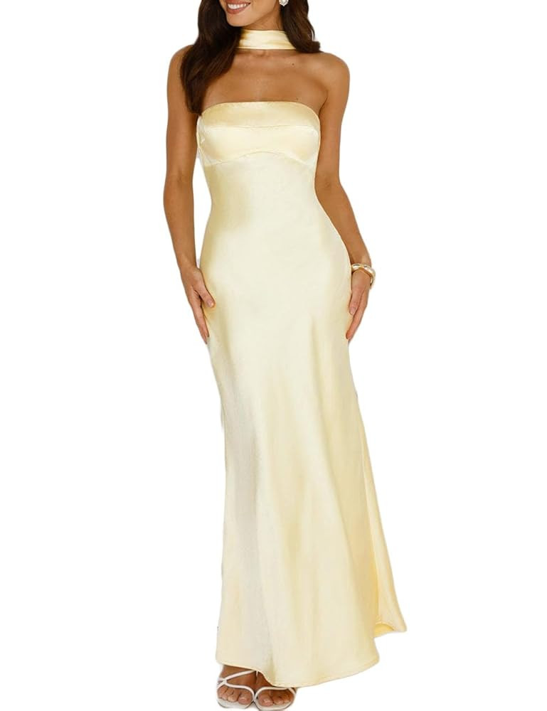 Women's Summer Satin Strapless Tube Top Maxi Dress Elegant Silk Backless Halter Neck Formal Party... | Amazon (US)