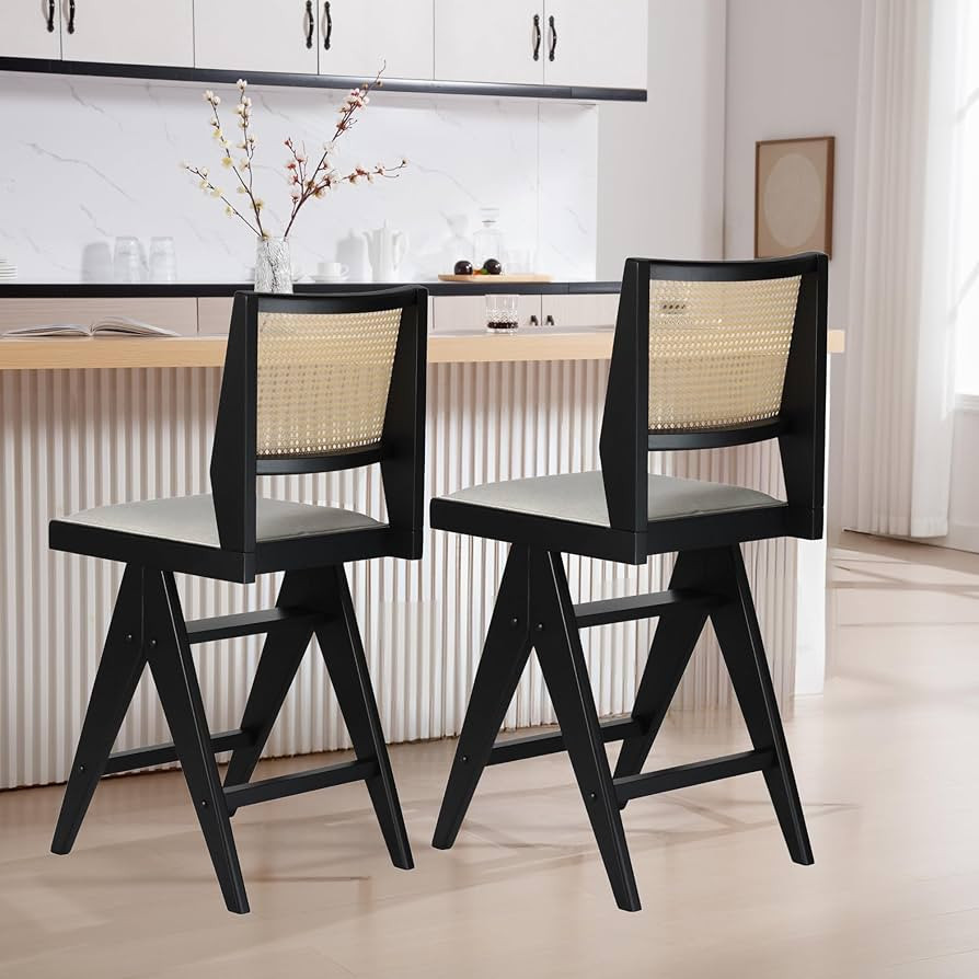 Rattan Counter Stools Set of 2, 25.5 Inches Uphlostered Linen Fabric Counter Height Bar Stools wi... | Amazon (US)