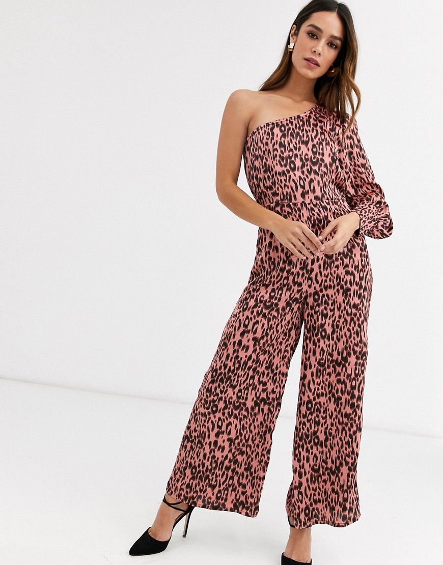 Unique21 satin one sleeve leopard print jumpsuit-Pink | ASOS (Global)