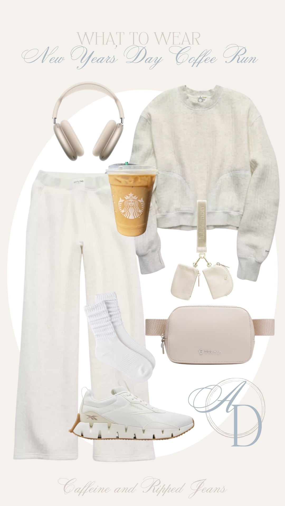 // coffee run outfit // New Year’s Day outfit // New Year’s Day comfies // aerie set // reebok sneakers // neutral sneakers // slouchy socks // lululemon bag and keychain bag // AirPods air max // 

#LTKSeasonal #LTKFindsUnder100 #LTKootd