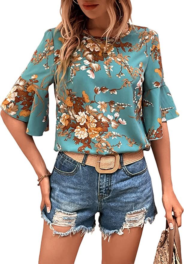GORGLITTER Women's Floral Flounce Short Sleeve Blouse Tops Round Neck Elegant Shirts | Amazon (US)