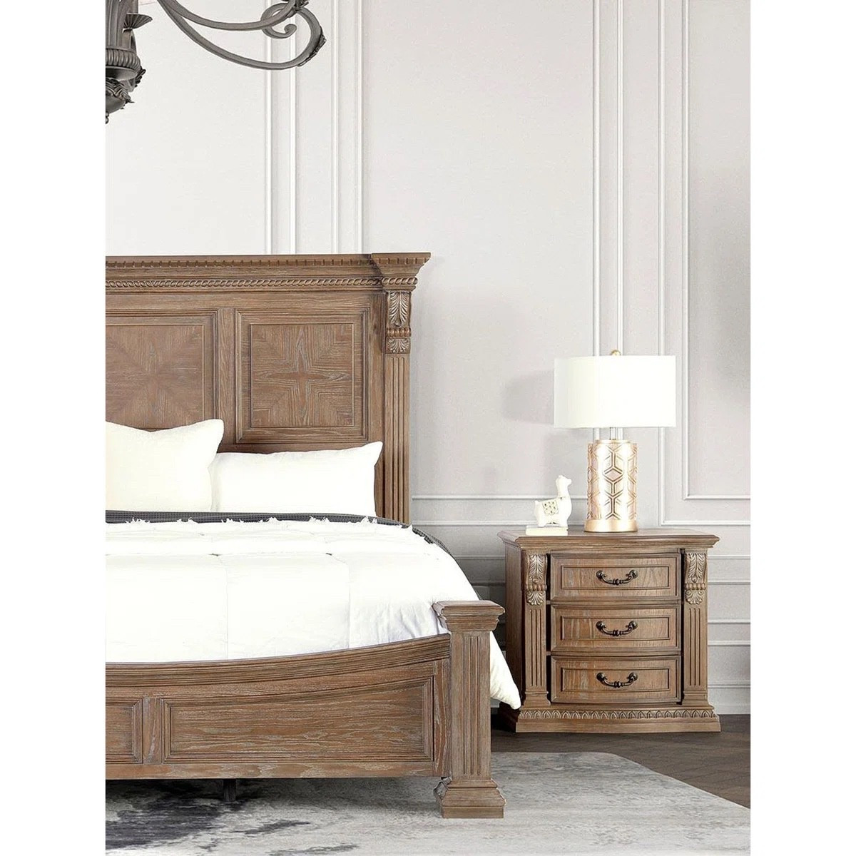 This luxurious traditional nightstand by Everly Quinn from Wayfair adds instant elegance to the bedroom. The weathered oak finish, curved detailing, and classic drawer hardware make it feel high-end and timeless — perfect beside a statement bed or layered with warm lighting.
