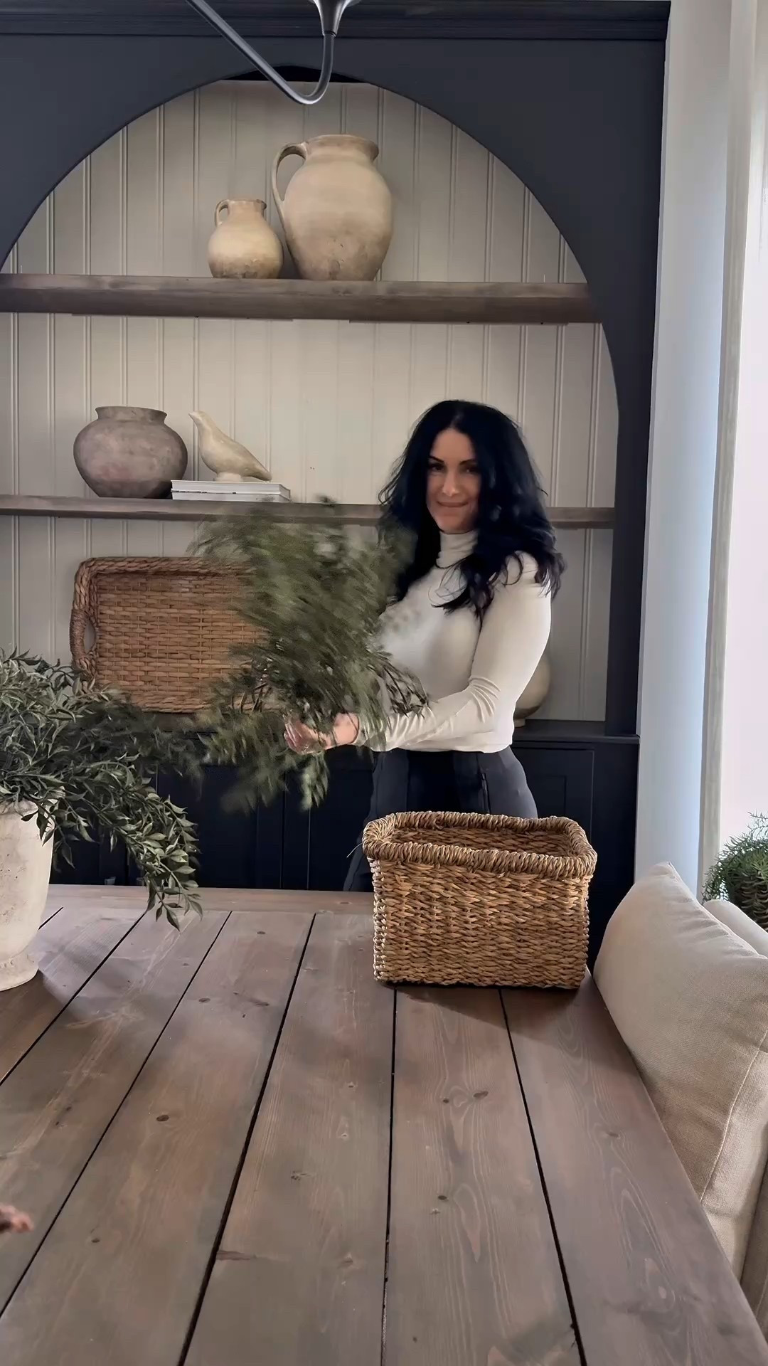 Shelf styling.. and I’m thinking outside of the box. Arranging my fern stems in this woven storage box.. love this look🤎
These dark green fern stems from Michael’s or some of my favorite.. they give a nice  floppy look, are easy to arrange and are so affordable! 