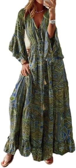 OSCORP Women's Paisley Print Maxi Dress V Neck Flare Sleeve Tassel Drawstring Waist Tiered Ruffle... | Amazon (US)
