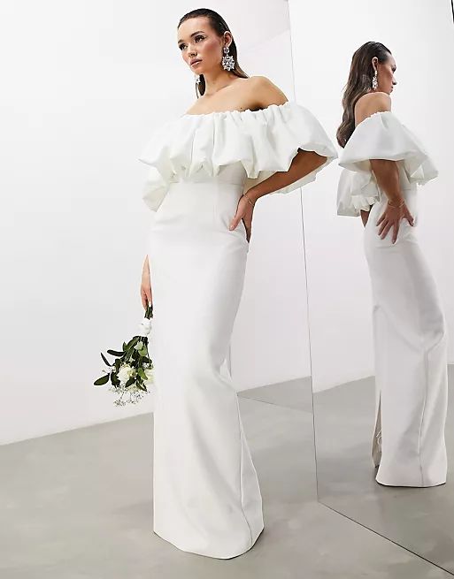 ASOS EDITION Primrose blouson off shoulder crepe column wedding dress in ivory | ASOS (Global)