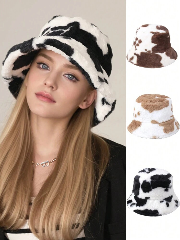 1pc Fluffy Cow Print Winter Bucket Hat, Warm And Stylish For Women | SHEIN