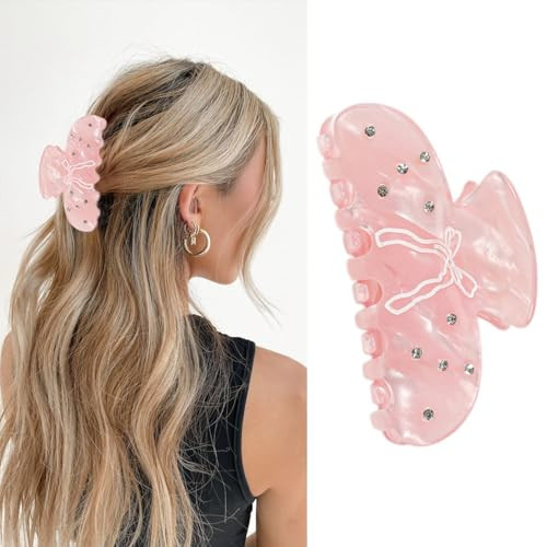 Large Hair Claw Clips for Women Pink Hair Clips with Bow Pattern Rhinestone Claws Strong Hold Jaw Barrettes Pink Acrylic Clamps with Gems Bow Hairpins for Thick Cute Hair Accessories for Styling 1Pcs | Amazon (US)