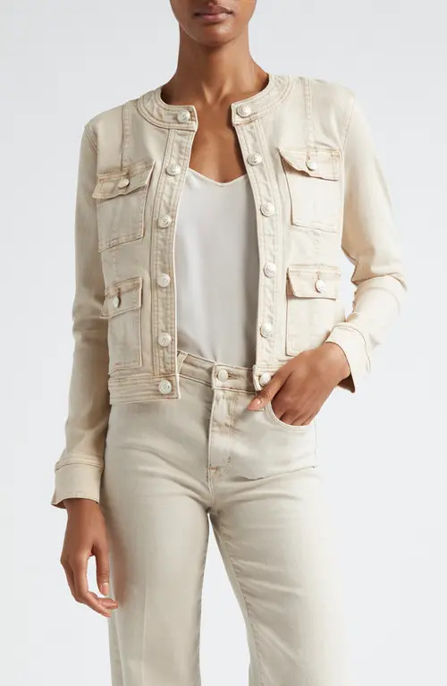 L'AGENCE Yari Collarless Stretch Cotton Jacket in Biscuit at Nordstrom, Size Medium | Nordstrom