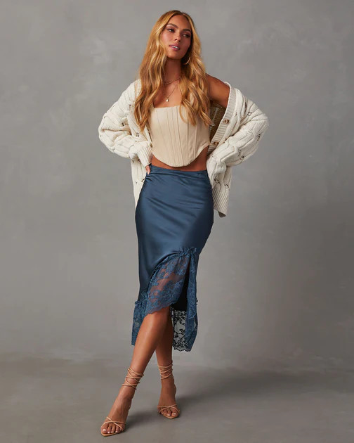 Indira Satin Lace Trim Midi Skirt - Dark Teal | VICI