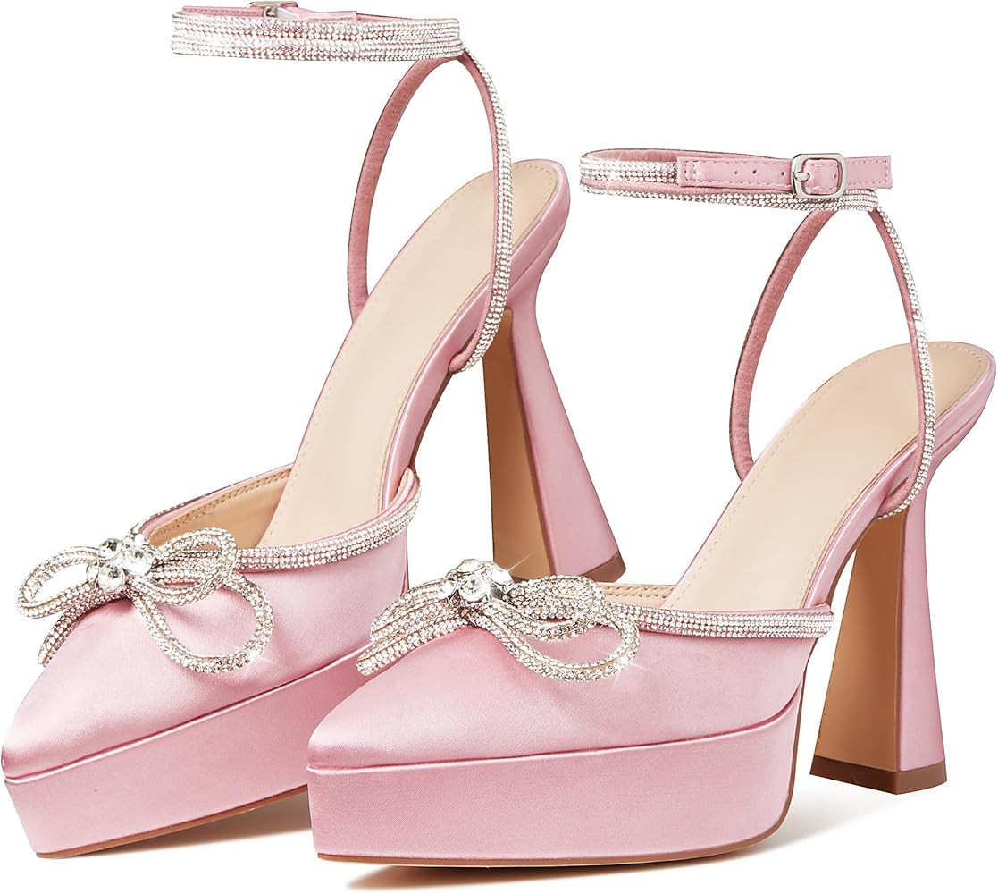 Goiphrri Platform Ankle Strap High Heeled Lace Up Pumps Sandals Ankle Buckle Straps Pump Rhinesto... | Amazon (US)