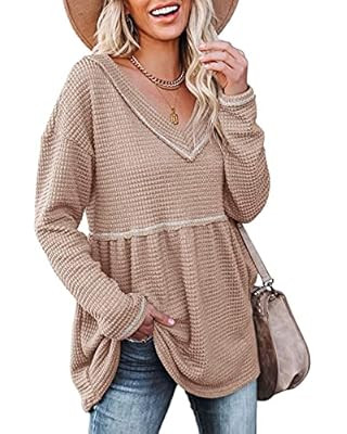 Womens V Neck Waffle Tunic Top Long Sleeve Peplum Pullover Babydoll Casual Flowy Swing Tshirts Pu... | Amazon (US)