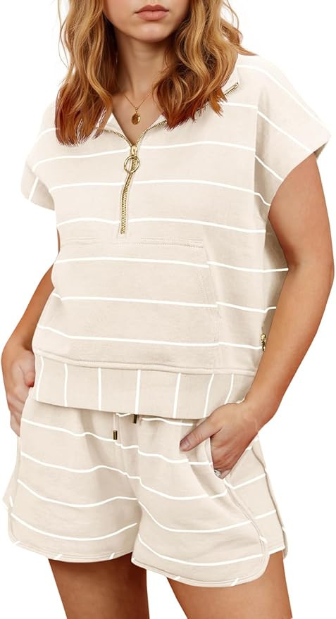 Fisoew Women Summer 2 Piece Outfits Striped Short Sleeve Zipper Shirts Casual Shorts Loose Lounge... | Amazon (US)
