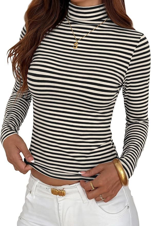 BTFBM Long Sleeve Shirts for Women Turtleneck Striped Shirt | Amazon (US)
