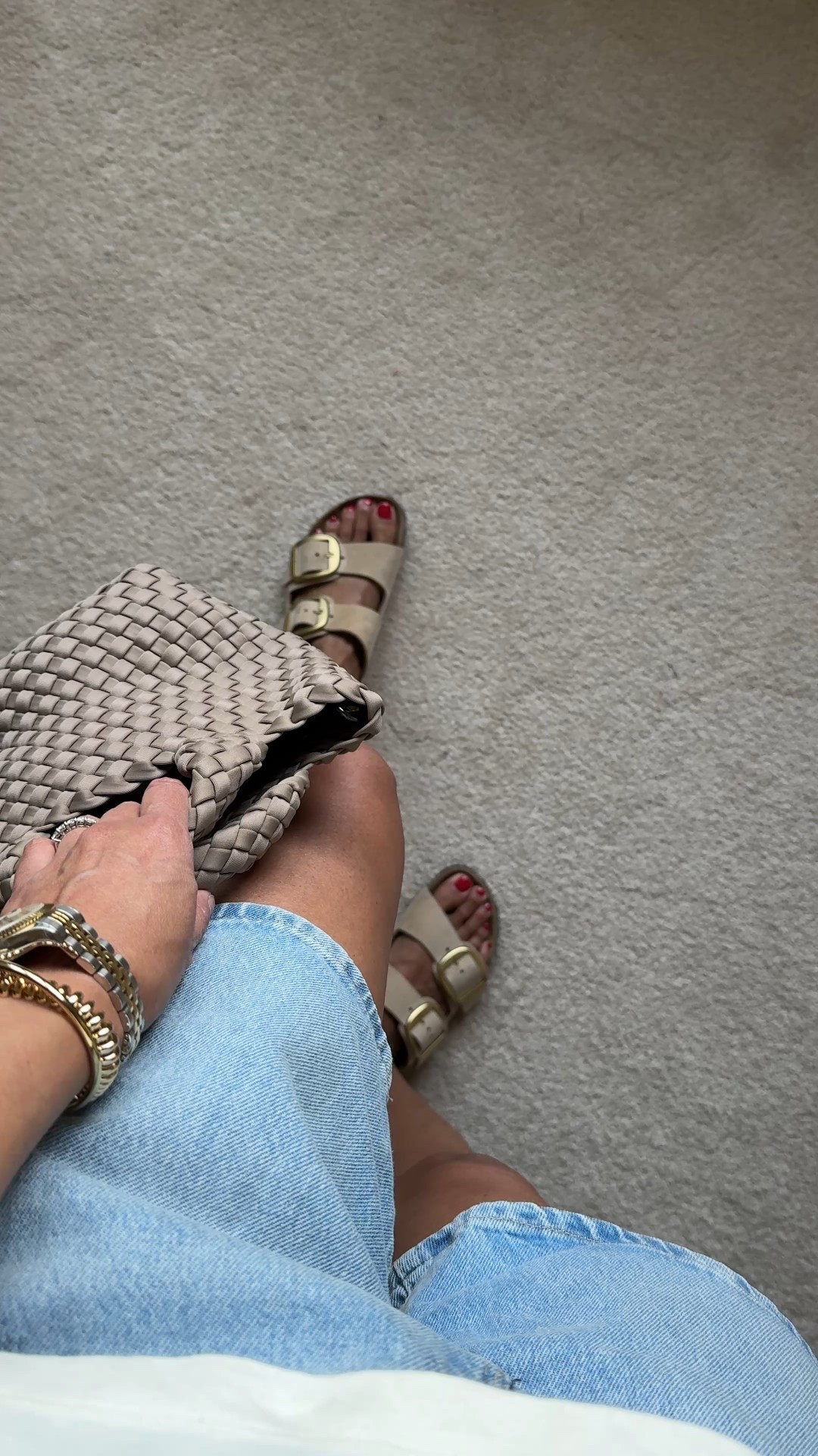 Slide sandals. I’ve had these for over 2 years now. Perfect neutral sandals. True to size. 
Looser and longer denim shorts. Great true denim material  I sized up. 
Mini bag. 
Gold tone bracelet stack. 

#LTKOver40 #LTKShoeCrush #LTKFindsUnder100