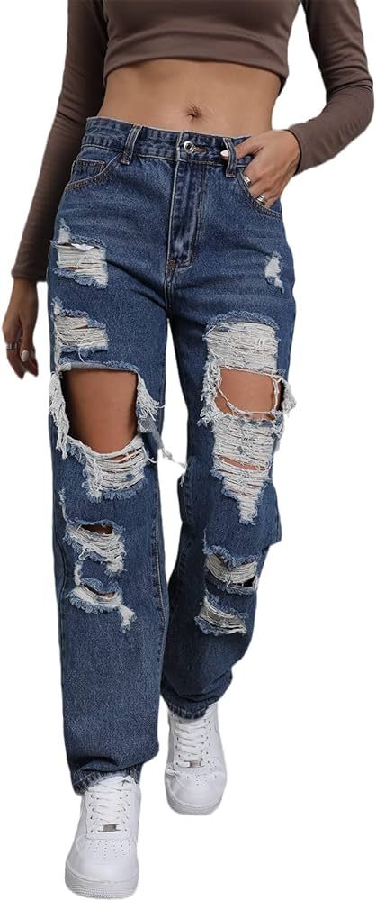 Ripped Jeans Womens Distressed high Waisted Jeans for Women Trendy Wide Straight Leg Y2k Pants Wo... | Amazon (US)