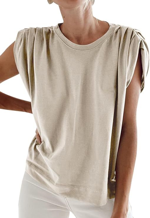 Tankaneo Women Cap Sleeve T Shirts Casual Basic Tees Loose Solid Ruched Summer Basic Tee Tops | Amazon (US)