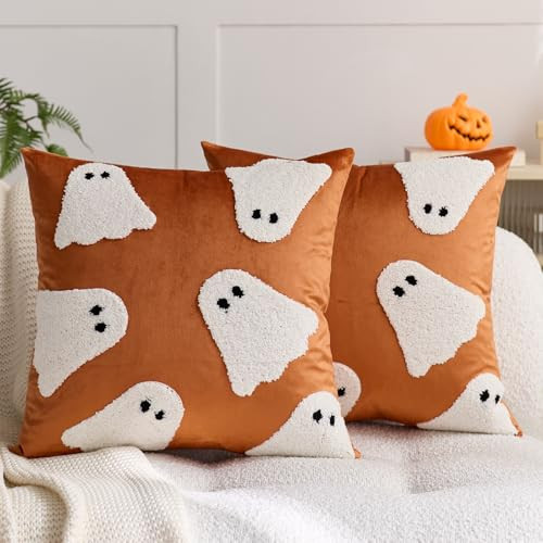 MAZSHTTD Halloween Pillow Covers 20x20 Inch Set of 2 Embroidery Ghost Throw Pillow Covers Indoor Outdoor Decorative Cushion Cases for Sofa Couch Bed Living Room Halloween Decoration Orange | Amazon (US)