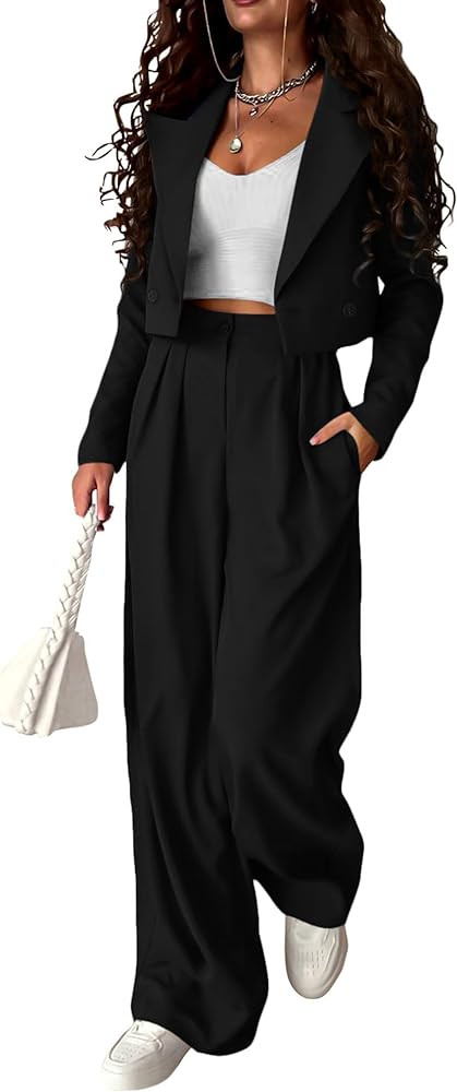 KIRUNDO Women's Two Piece Outfits Business Casual Cropped Blazer Jackets and Wide Leg Pants Suit ... | Amazon (US)