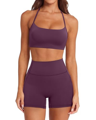 SUUKSESS Women 2 Piece Workout Sets Padded Halter Sports Bras High Waisted Biker Shorts with Pockets Built in Bra Athletic Tops (Deep Purple, M) | Amazon (US)