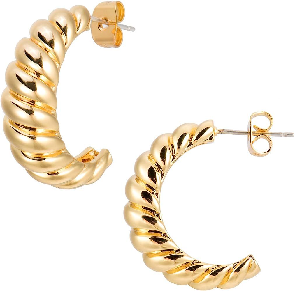 Chunky Gold Hoop Earrings Gold Twist Hoops | Modern Thick Dome Croissant Hoops Women 18K Gold Ear... | Amazon (US)