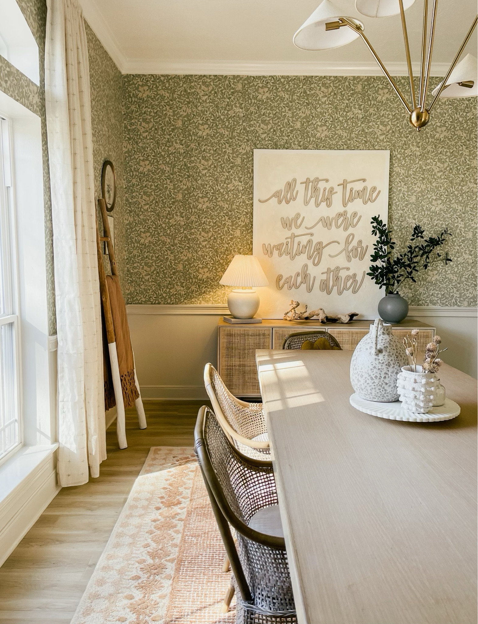 Dining room. Console chairs art lighting lamp decor blanket ladder 
#thebloomingnest 

#LTKstyletip #LTKhome #LTKSeasonal