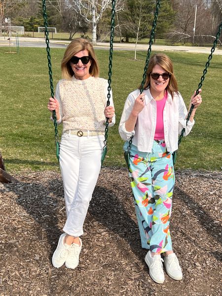 Swinging into Spring! Hope you had a Happy Easter! We loved being able to celebrate with our families! ☺️ Aren’t Jill’s pants fun? They run true to size.
Wearing size Small. 
Mary’s wearing a vest from last season and one of her fav pairs of off white denim. Size down. Wearing 25p.
Both wearing our sunnies that we purchased in Paris! But available in links.😎

#LTKunder50 #LTKSeasonal #LTKunder100