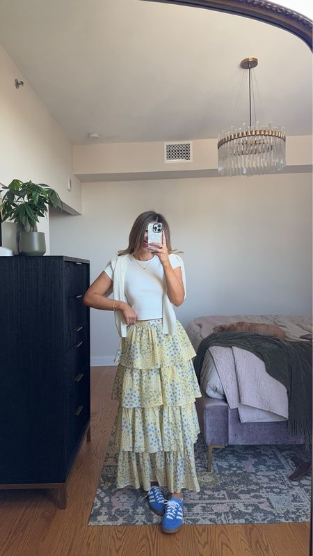 capsule wardrobe outfits! floral yellow, matching set tiered skirt, vacation outfits wearing my usual smalls/ 26 
electric picks: use code emerson20
Dibs code: emerson (good life gold & strawberry summer)

#LTKtravel #LTKfindsunder100 #LTKworkwear