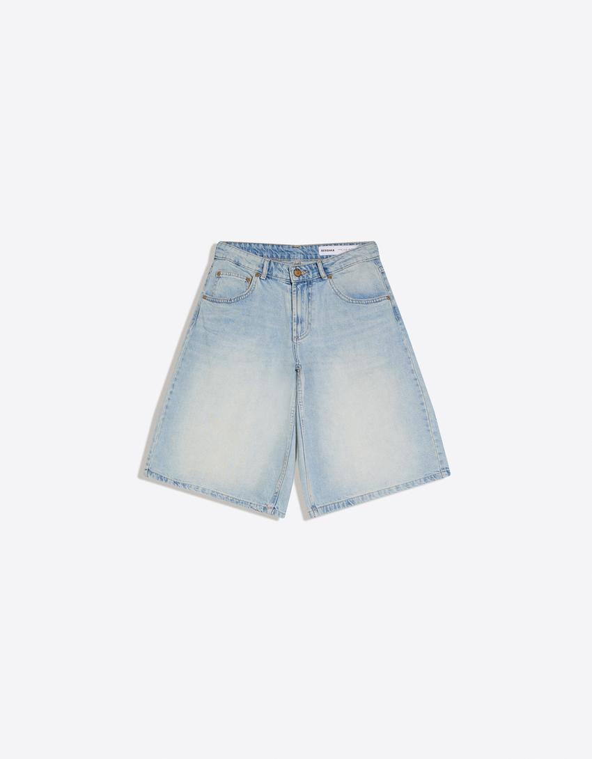 Baggy denim jort Bermuda shorts - Women | Bershka UK