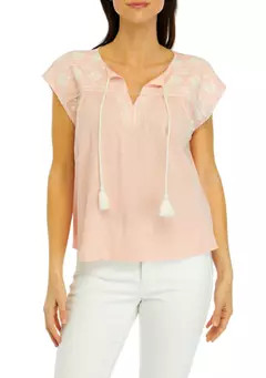 Wonderly Women's Embroidered Split Neck Top | Belk