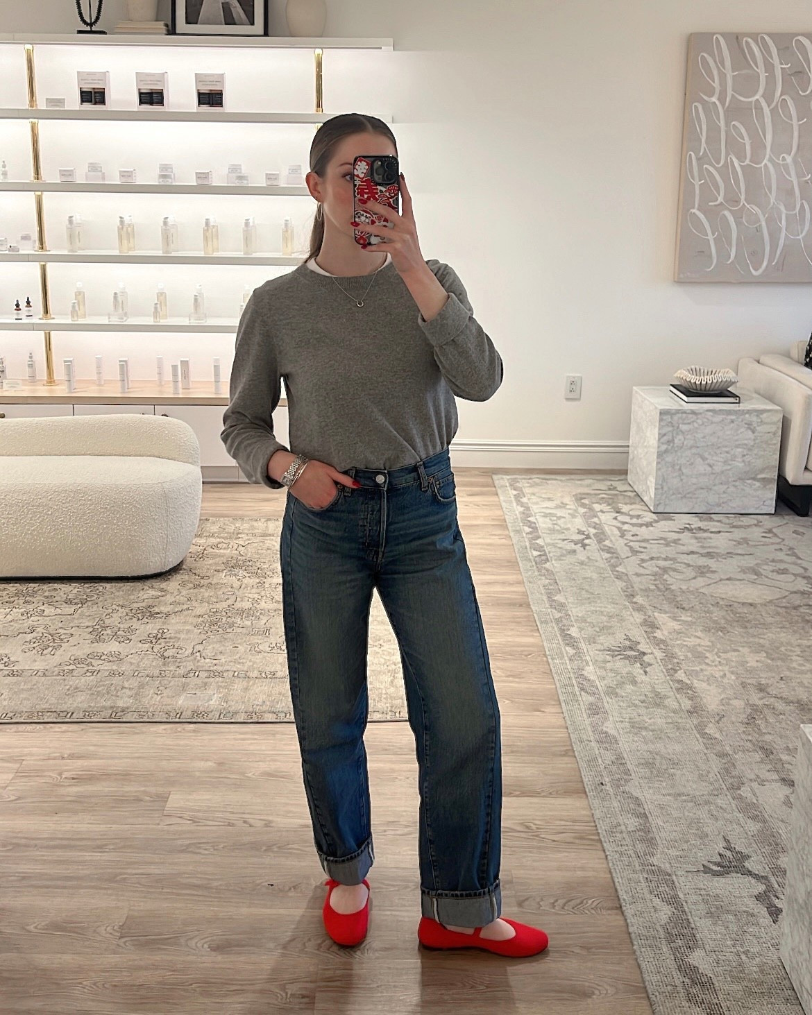 Work ootd / casual work outfit 
Gray sweater - medium 
Barrel jeans- size down 
Rothy’s red flats - run TTS 

#LTKShoeCrush #LTKFindsUnder100 #LTKSeasonal