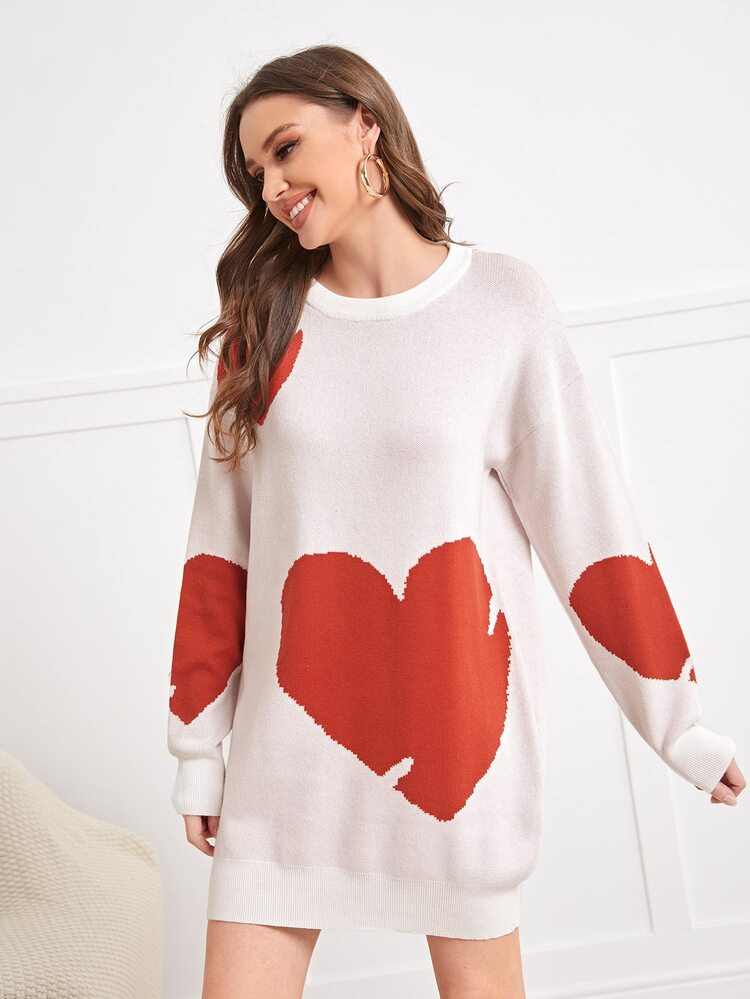 Heart Pattern Drop Shoulder Sweater | SHEIN