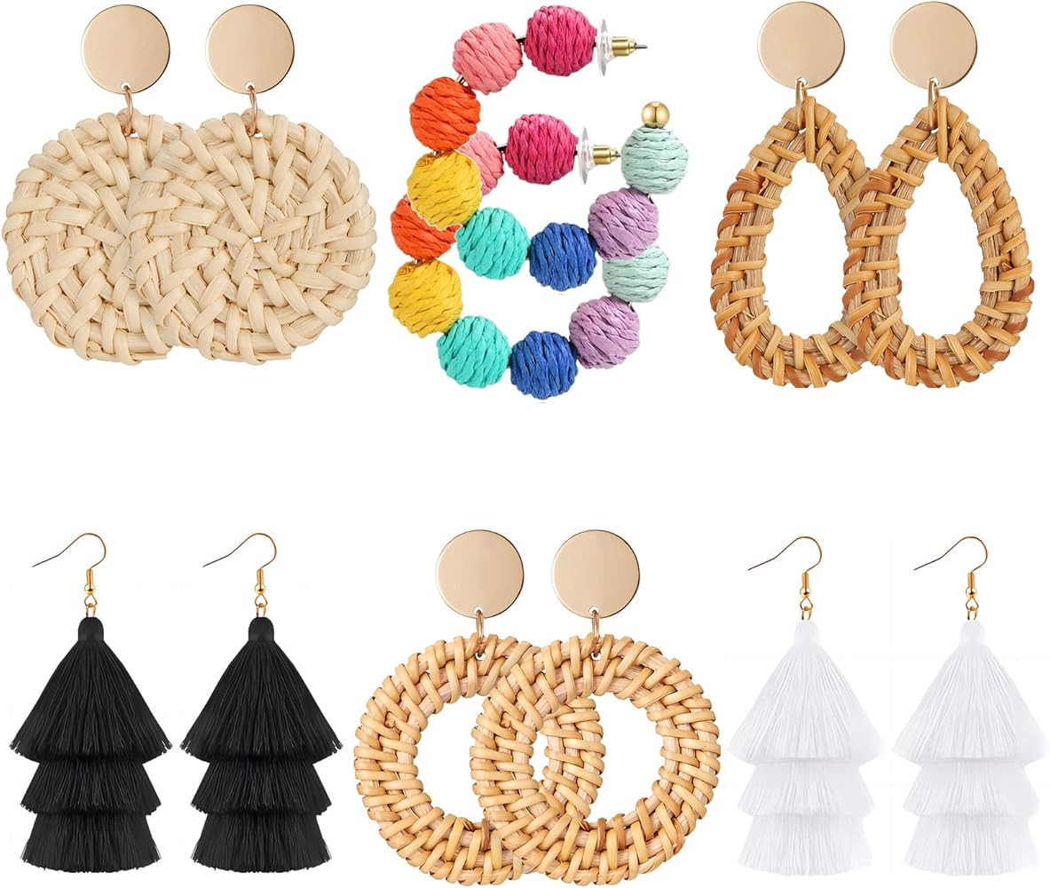 MAGIDOVE 6 Pairs Rattan Earrings for Women Bohemian Statement Earrings Hoop Drop Earring for Wome... | Amazon (US)
