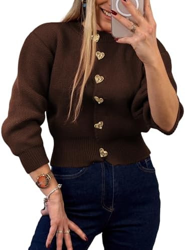 Women’s Knit Cardigan Sweater with Heart Buttons, Casual Button Down Knitwear Long Sleeve Cropp... | Amazon (US)