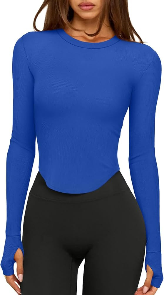 LASLULU Womens Long Sleeve Workout Tops Crop Tops Crew Neck Ribbed Slim Fitted Breathable Running... | Amazon (US)
