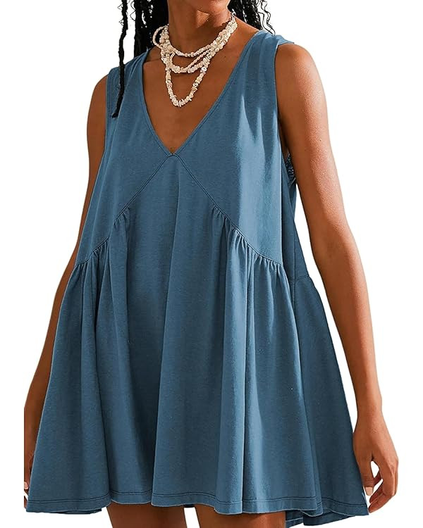 Women's V Neck Sleeveless Mini Dress Loose Summer Pleated Swing Flowy Sundress | Amazon (US)