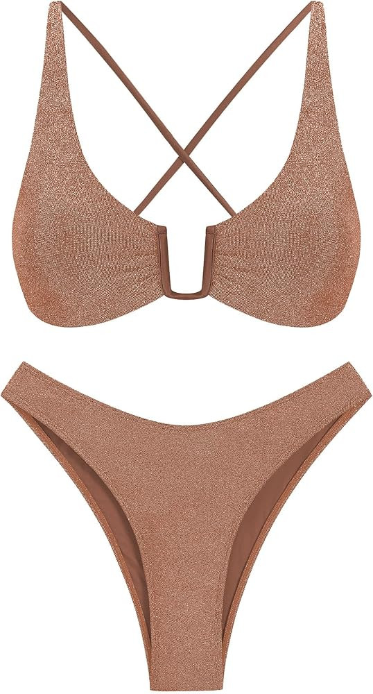 ZAFUL Women's Two Piece Swimsuit Textured U-Wired Metal Criss Cross String Bikini High Leg Bathin... | Amazon (US)