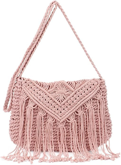 Crochet Tassel Shoulder Bag Handwoven Fringed Purse White Purse Summer Beach Bag Ethnic Boho Tass... | Amazon (US)