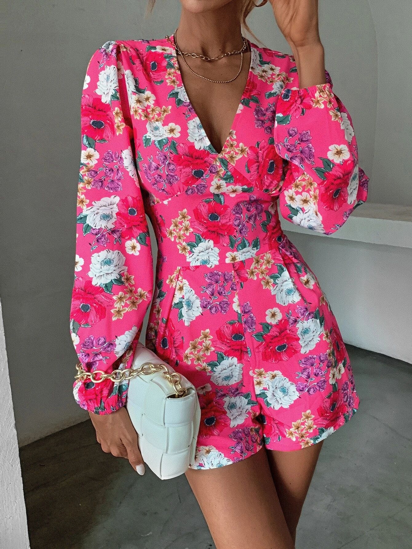 Floral Print Lantern Sleeve Romper | SHEIN