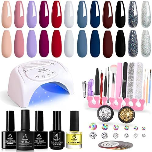 Beetles 12 Colors Gel Nail Polish Starter Kit with U V Light 48W LED Nail Lamp Gel Base Top Coat Nud | Amazon (US)