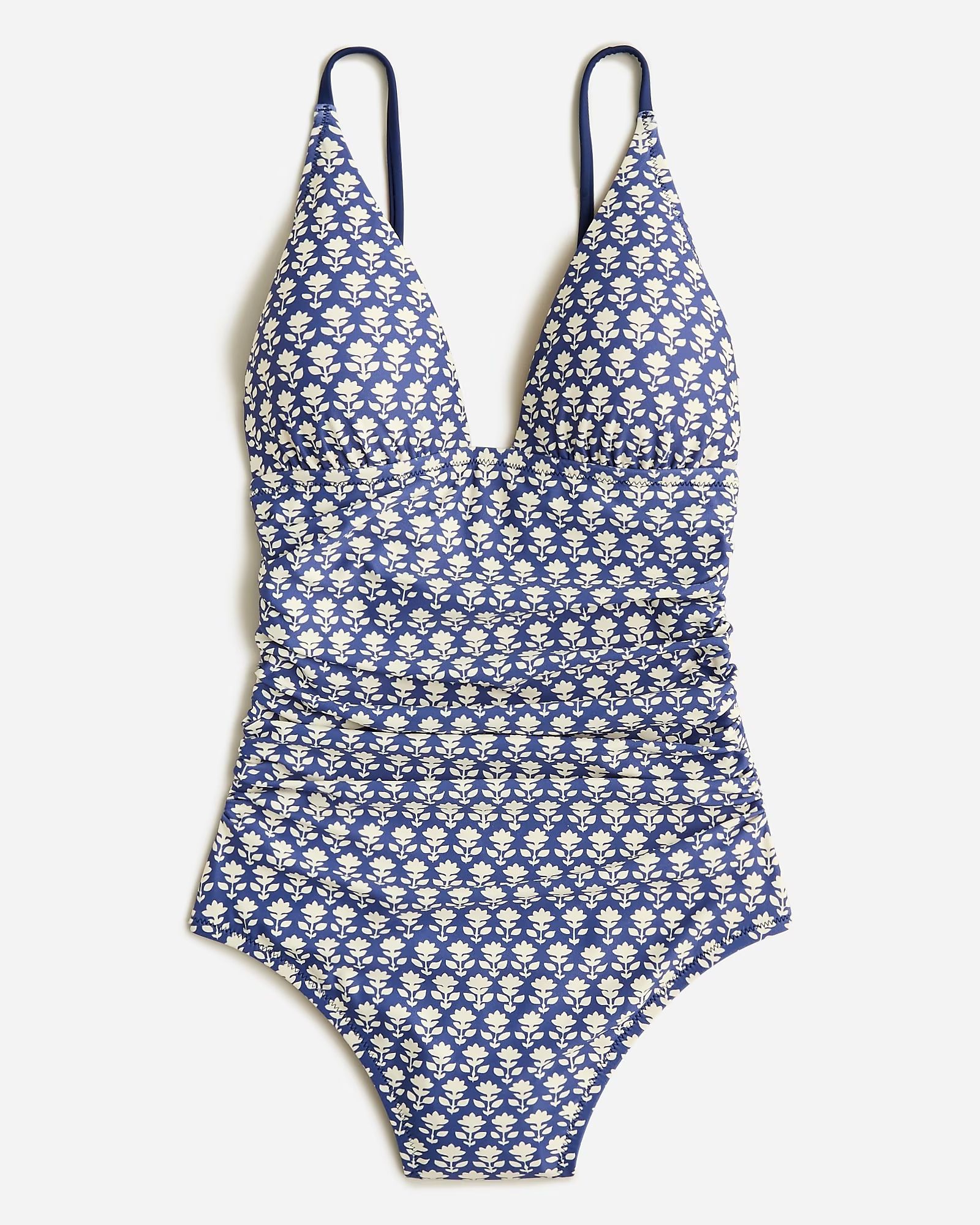 Ruched plunge one-piece swimsuit in blue stamp floral | J.Crew US