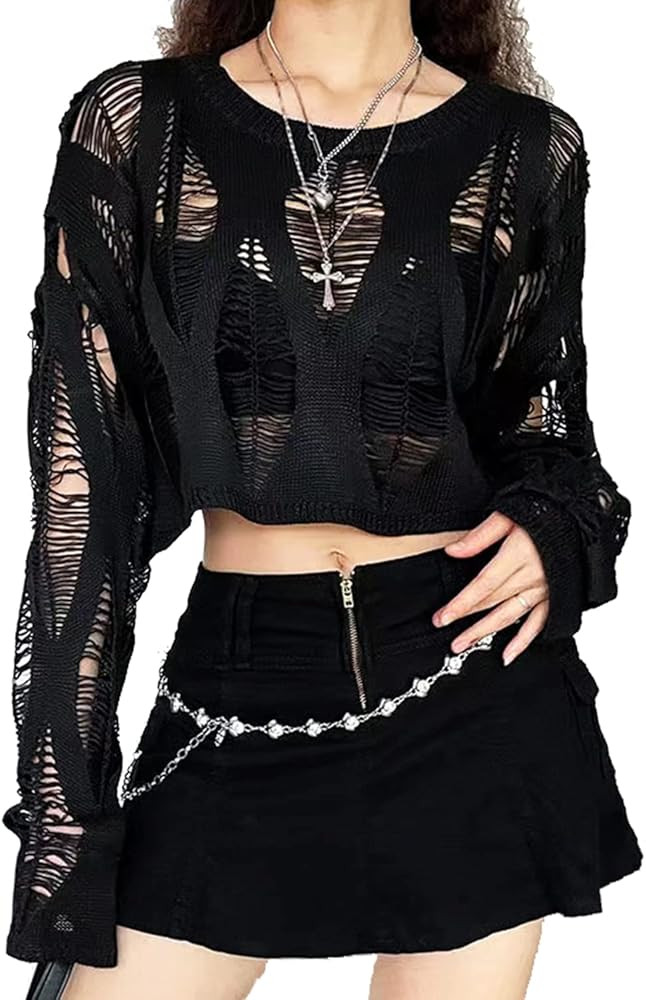 Women's See Through Hole Ripped Crop Tops Knit Pullover Short Sweaters | Amazon (US)