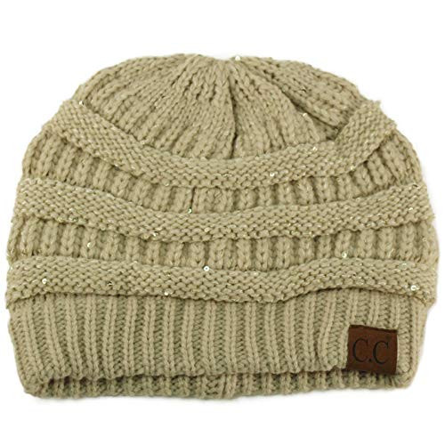 CC Classic Winter Fall Trendy Chunky Stretchy Cable Knit Beanie Hat (Sequins Beige) | Amazon (US)