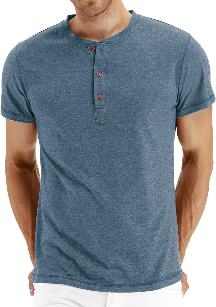 PEGENO Men's Fashion Casual Front Placket Short Sleeve Henley T-Shirts Cotton Shirts | Amazon (US)